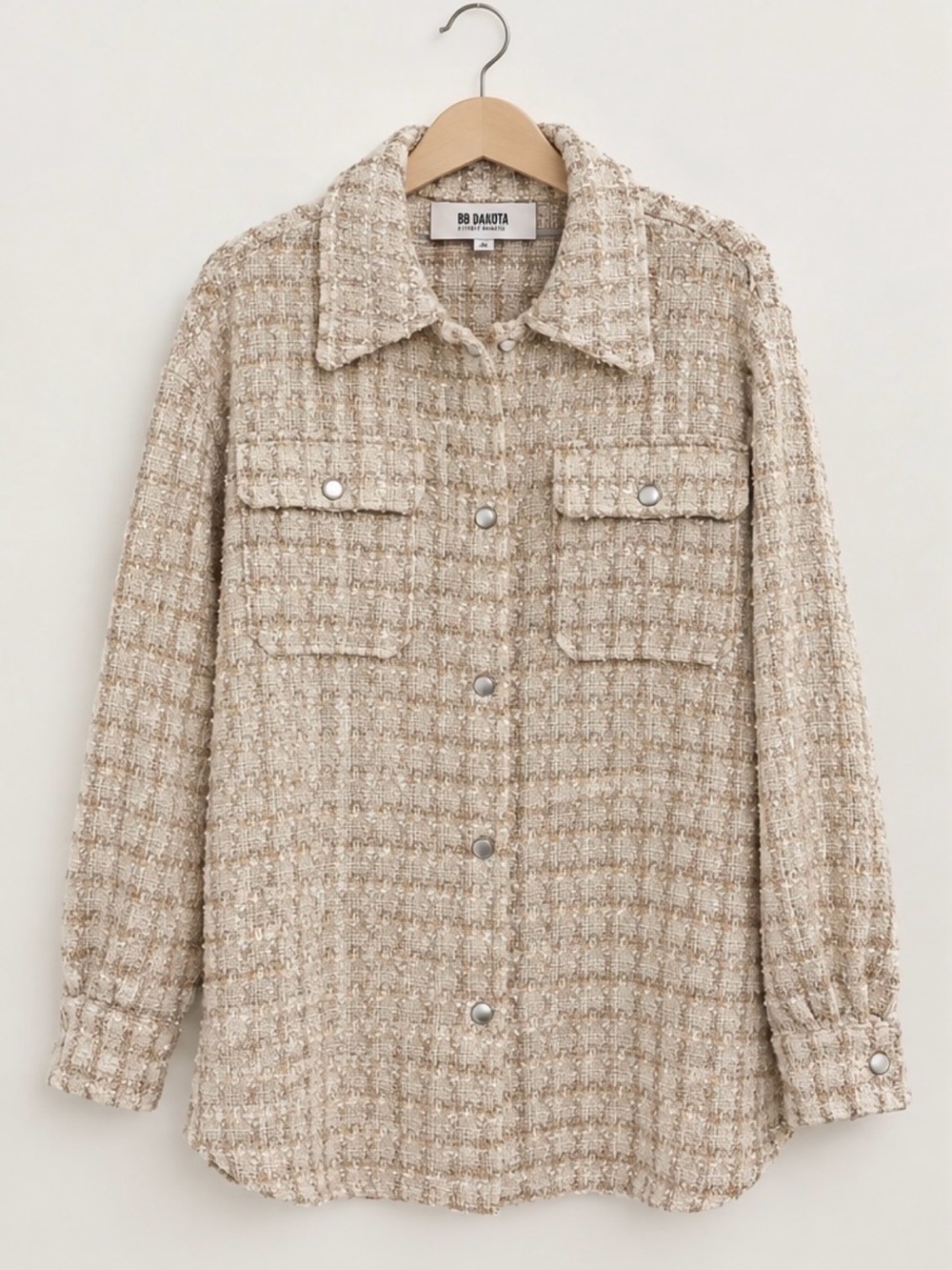 BB Dakota by Steve Madden Tweed Plaid Shacket Shirt Jacket Cream/Beige - Small
